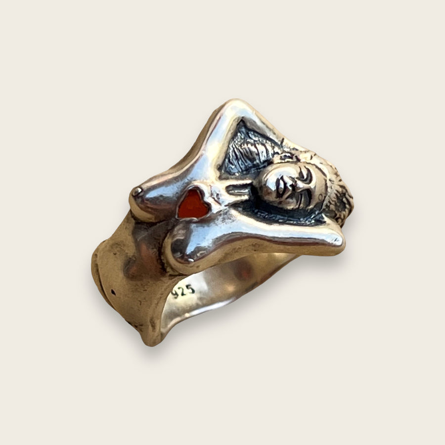 LADIES RING WITH RED STONE IN SILVER
