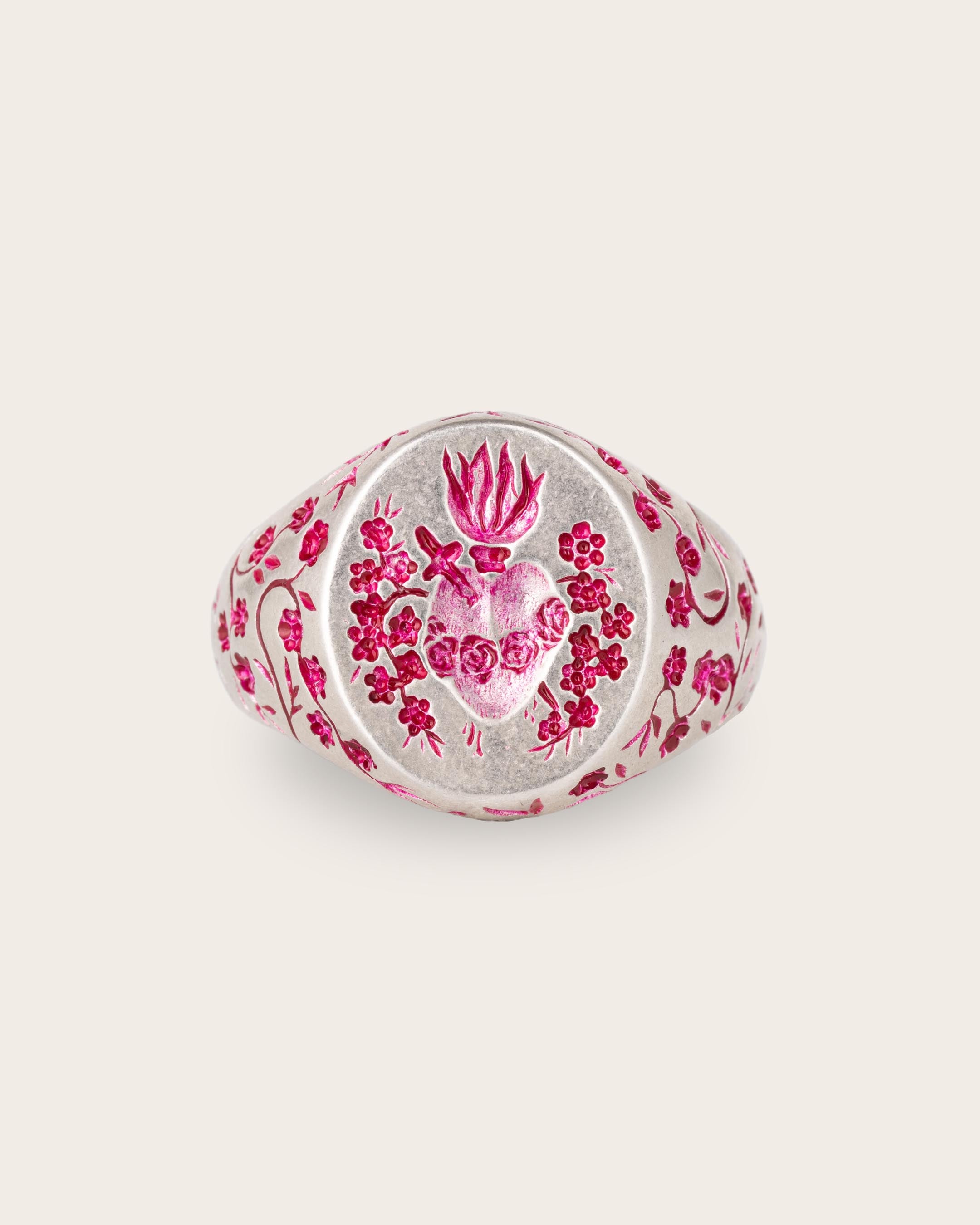 PINK HEART SIGNET RING IN SILVER