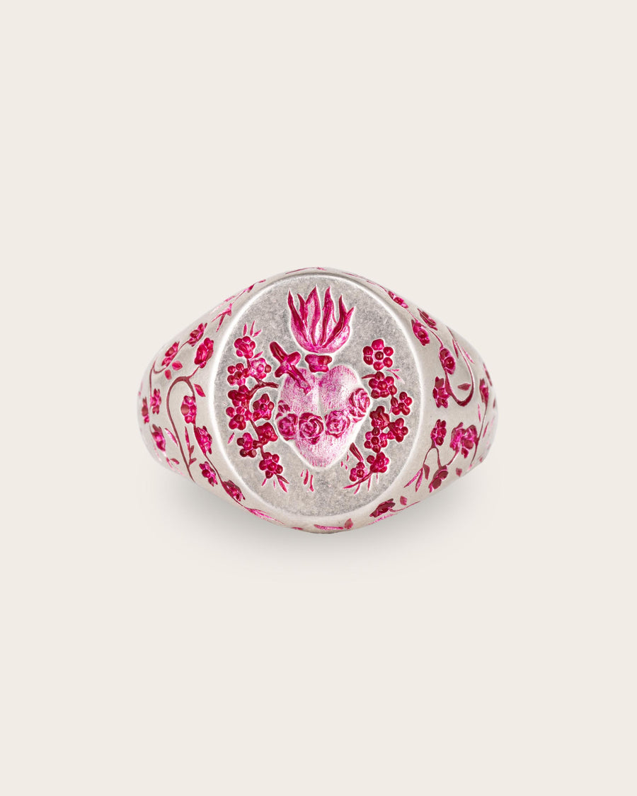PINK HEART SIGNET RING IN SILVER