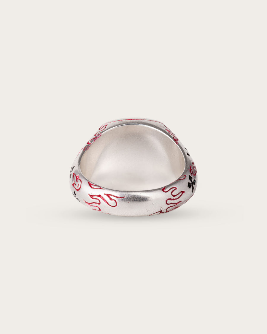 RED FIRE CROSS RING IN SILVER