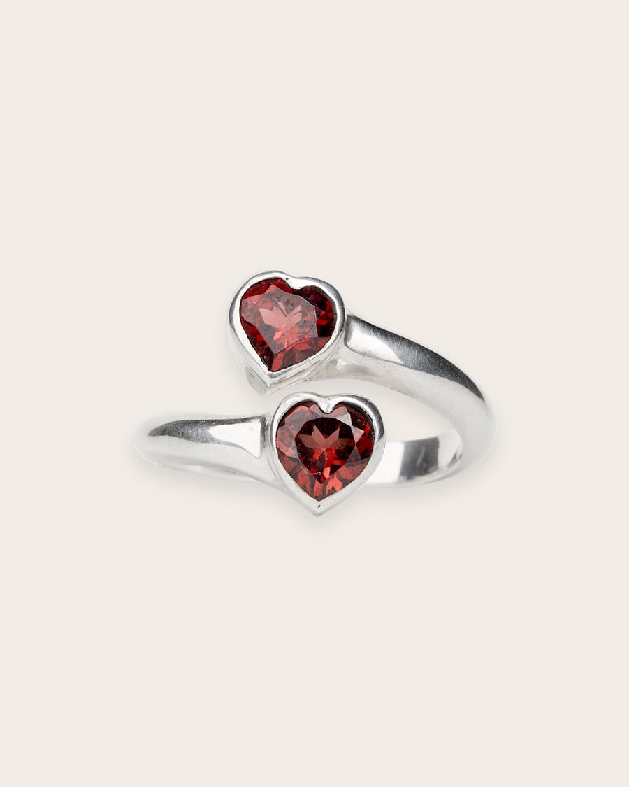 DOUBLE HEART RING WITH RED STONE IN SILVER