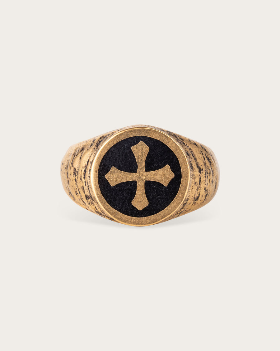 MIDNIGHT OYNX CROSS RING IN GOLD