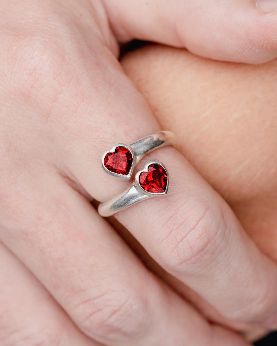 DOUBLE HEART RING WITH RED STONE IN SILVER