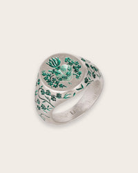 GREEN HEART SIGNET RING IN SILVER