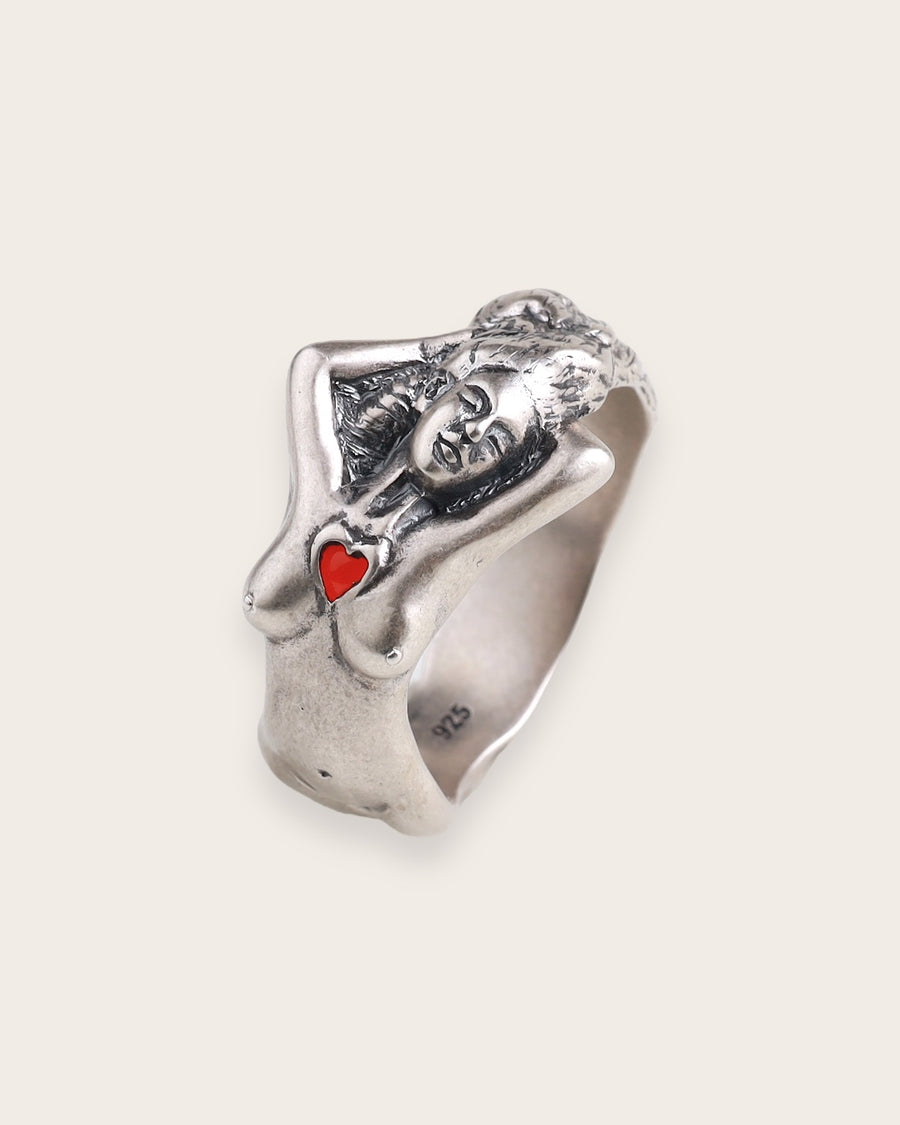 LADIES RING WITH RED STONE IN SILVER