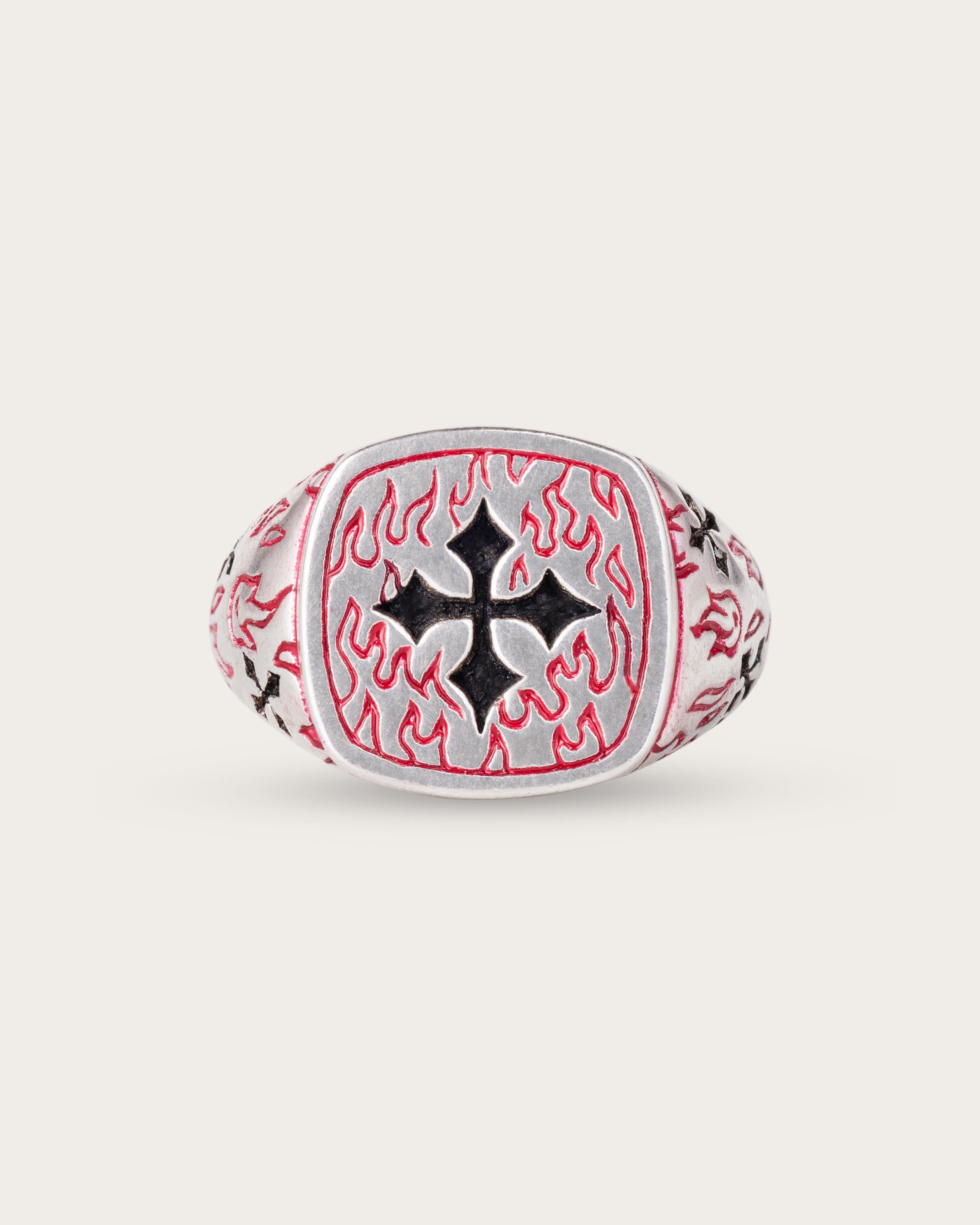RED FIRE CROSS RING IN SILVER
