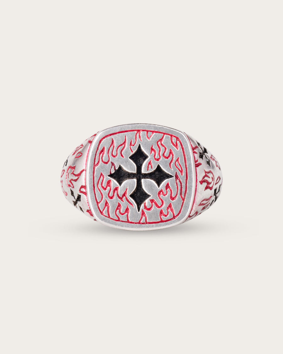 RED FIRE CROSS RING IN SILVER