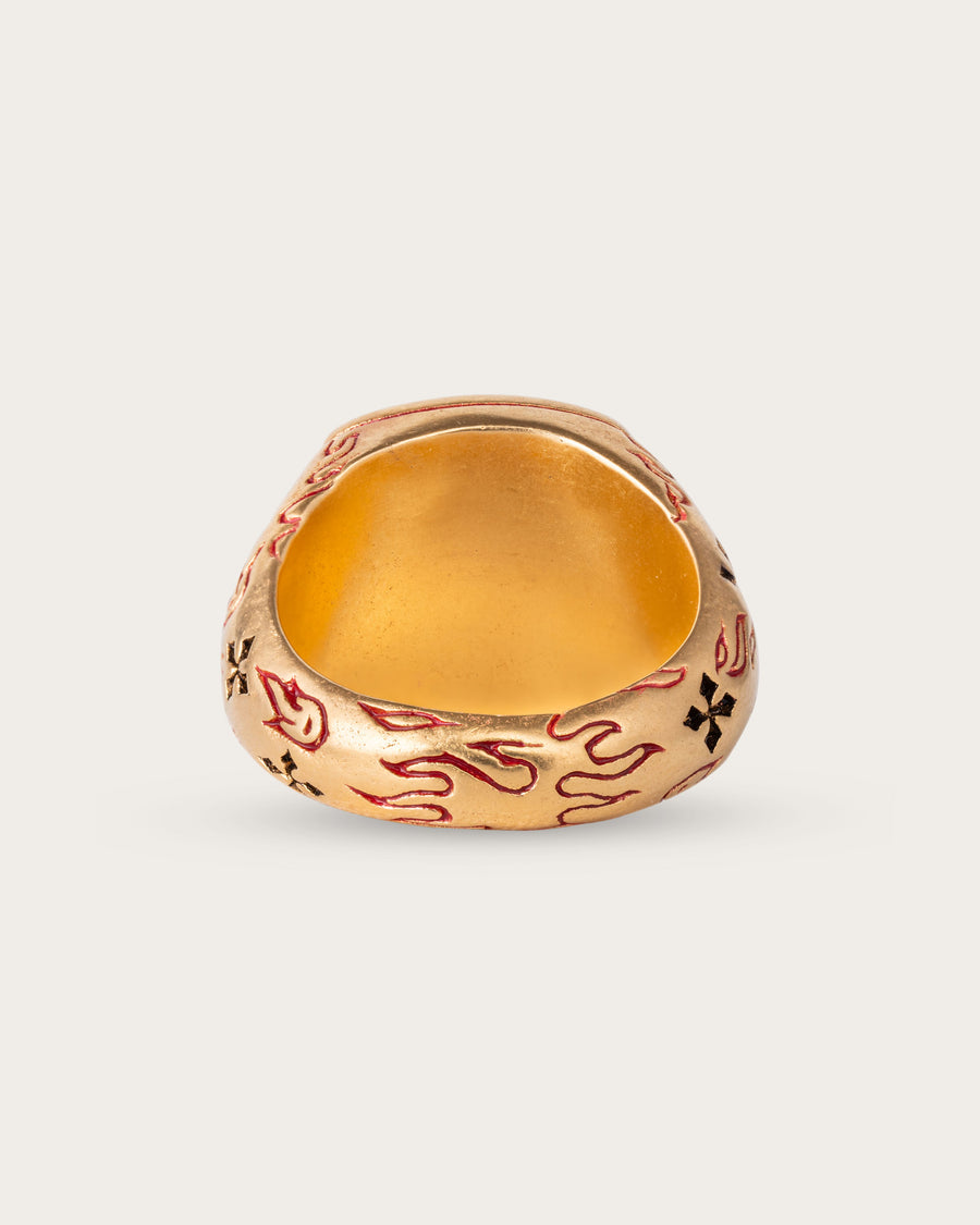 RED FIRE CROSS RING IN GOLD
