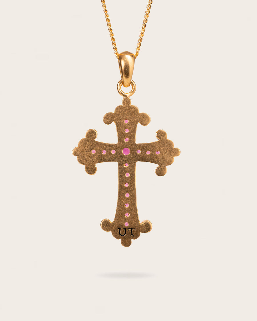 ROSE QUARTZ CROSS PENDANT IN GOLD