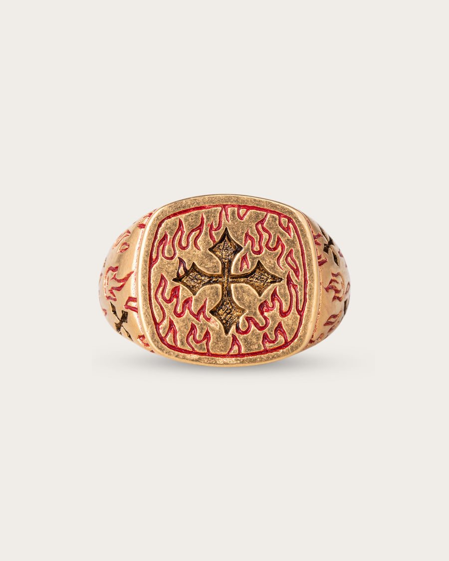 RED FIRE CROSS RING IN GOLD