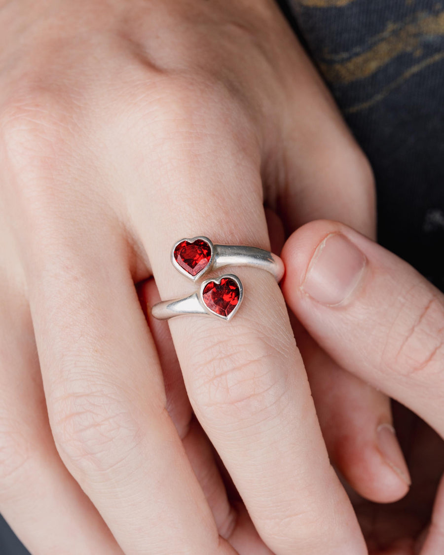 DOUBLE HEART RING WITH RED STONE IN SILVER