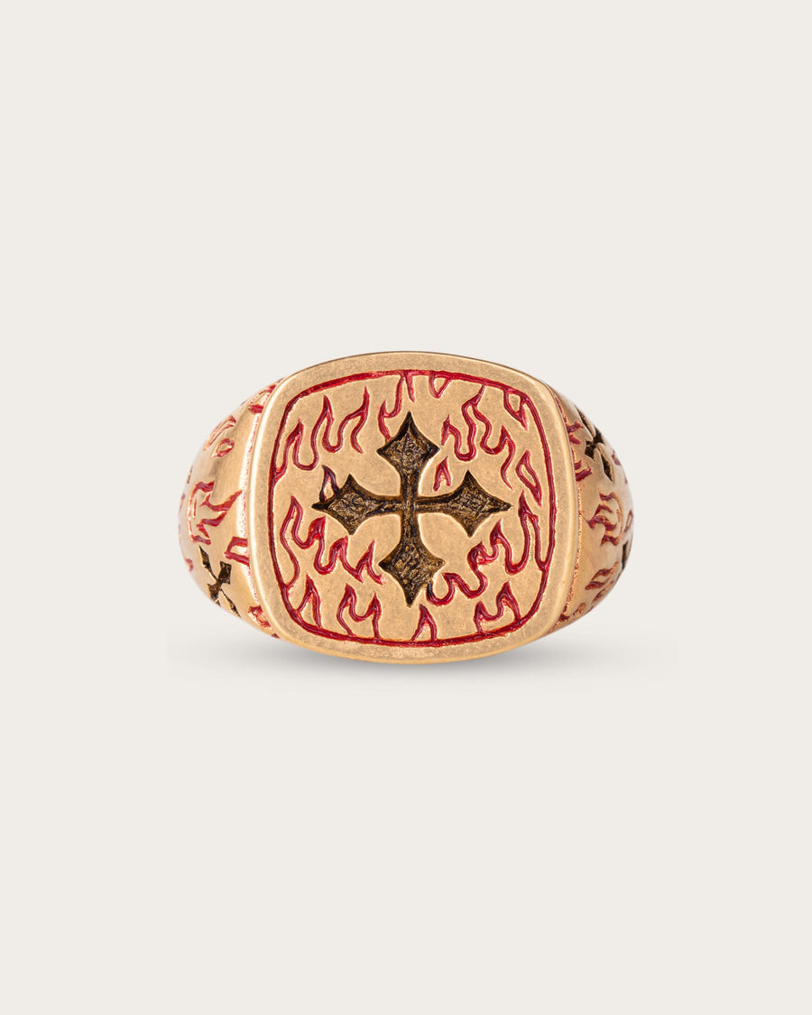 RED FIRE CROSS RING IN GOLD