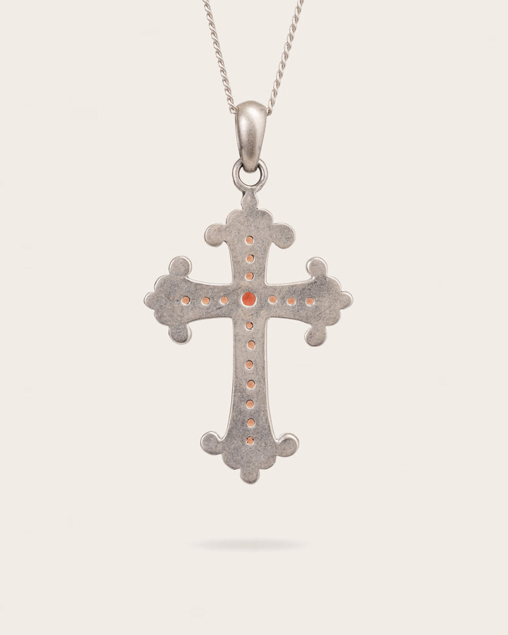 RUBY RED CROSS PENDANT IN SILVER