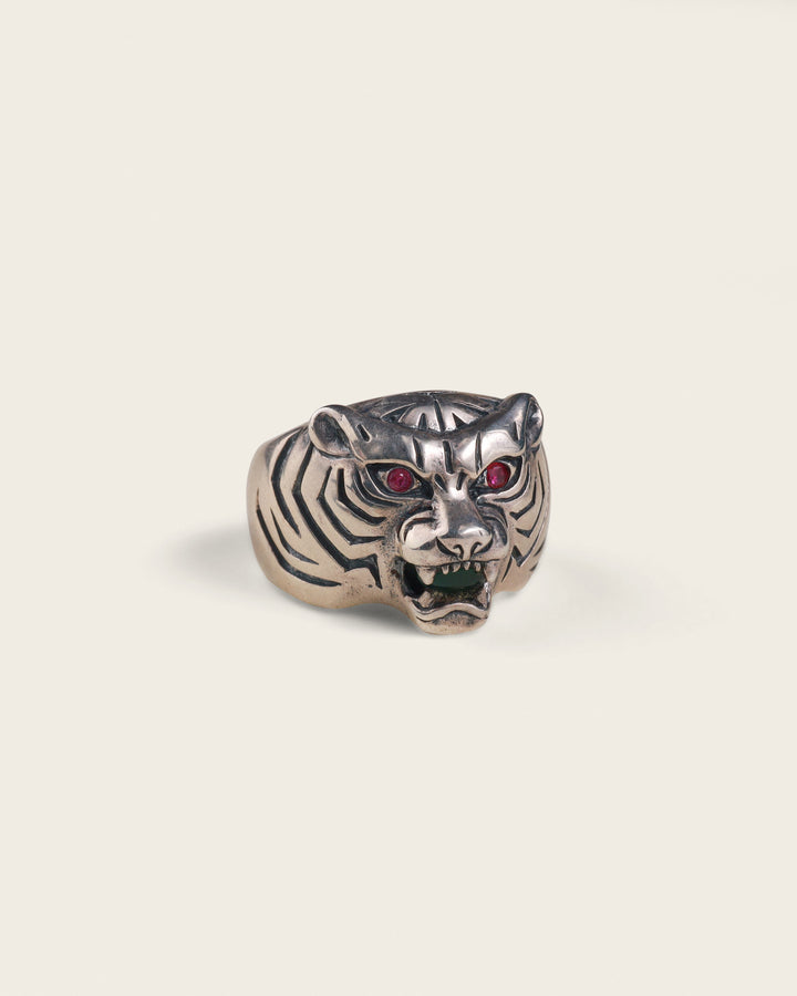 TIGER GEMSTONE AND RUBY RING IN SILVER