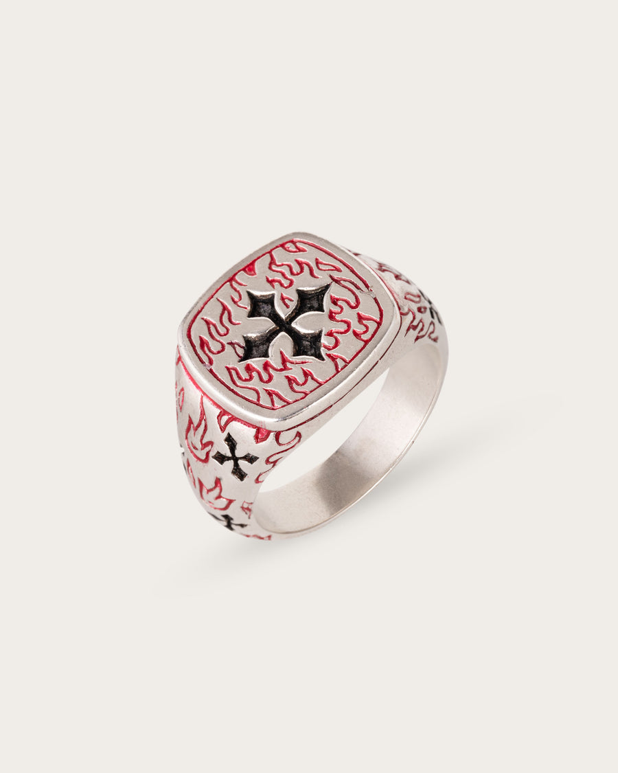 RED FIRE CROSS RING IN SILVER