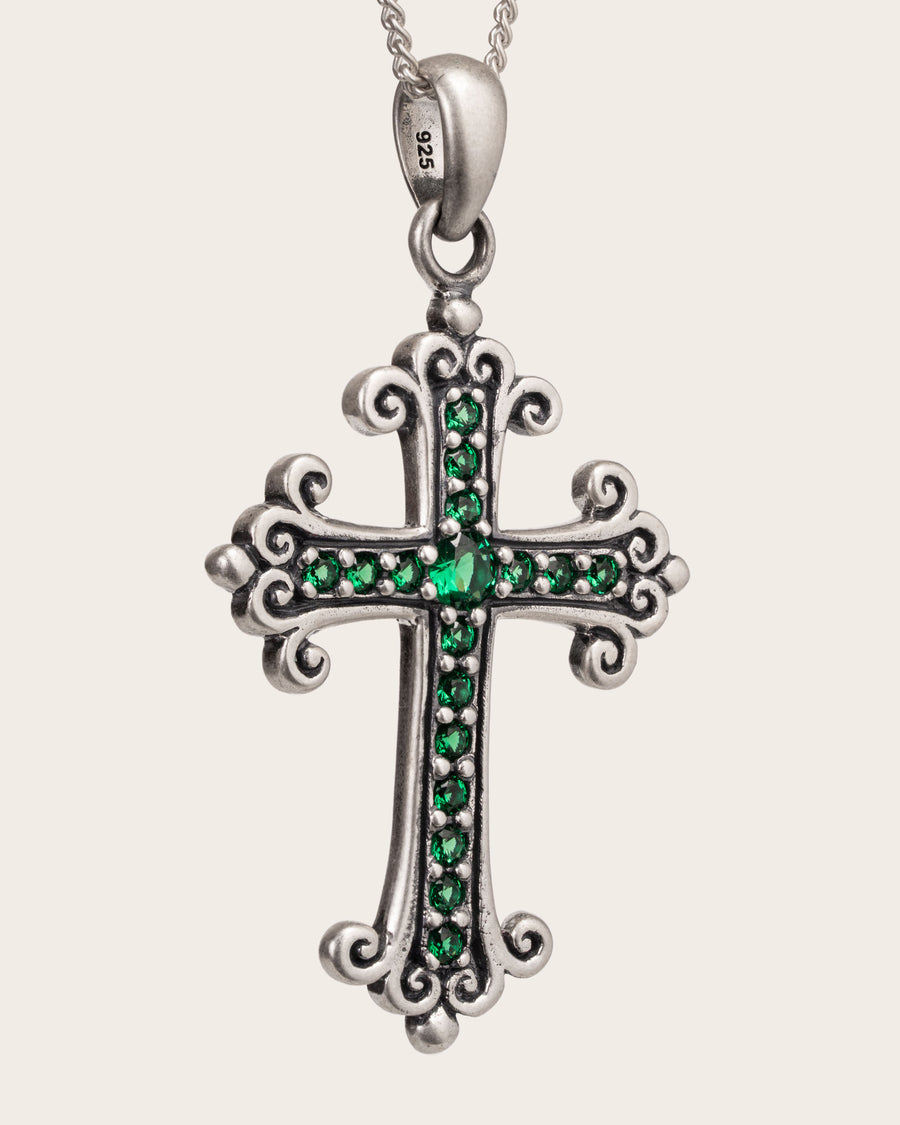 EMERALD CROSS PENDANT IN SILVER