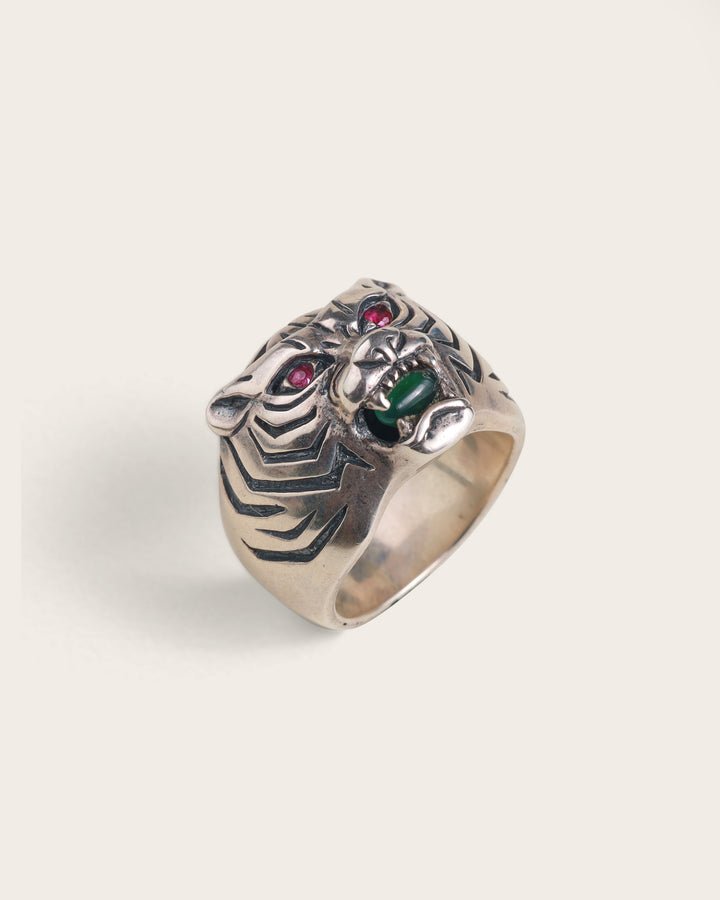 TIGER GEMSTONE AND RUBY RING IN SILVER