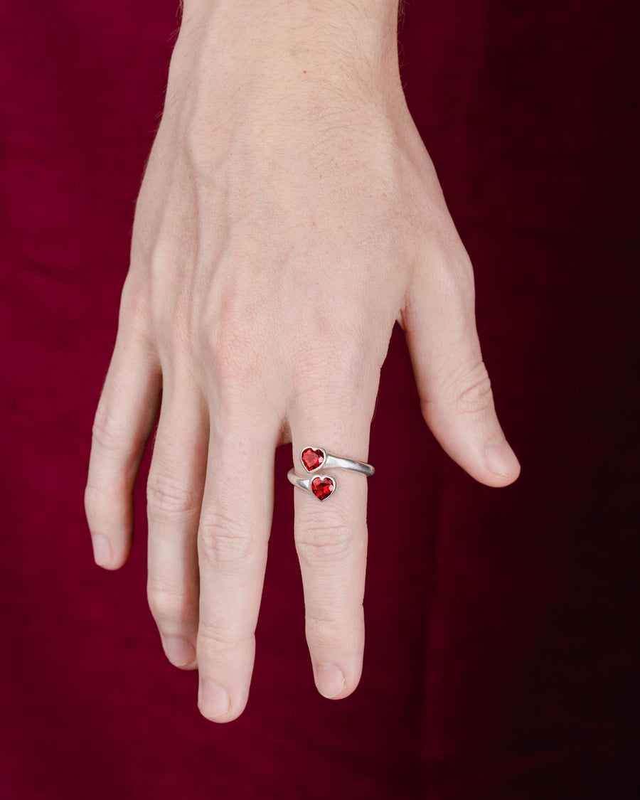 DOUBLE HEART RING WITH RED STONE IN SILVER