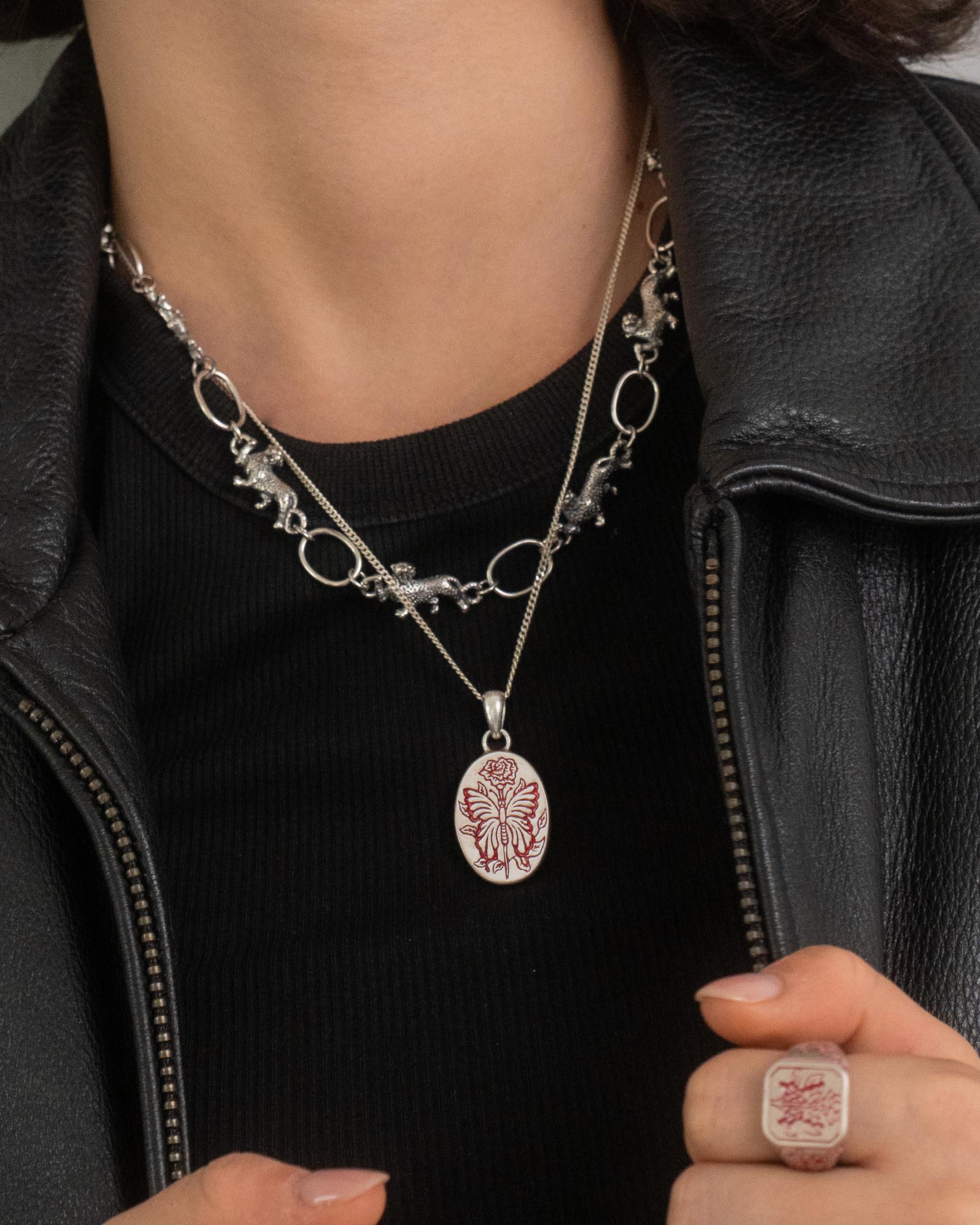 RED BUTTERFLY PENDANT IN SILVER