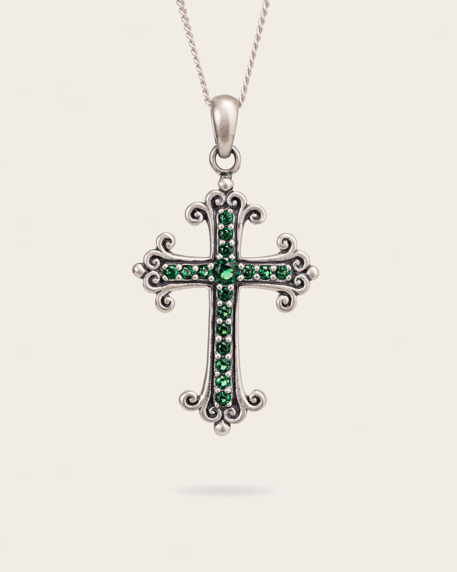EMERALD CROSS PENDANT IN SILVER