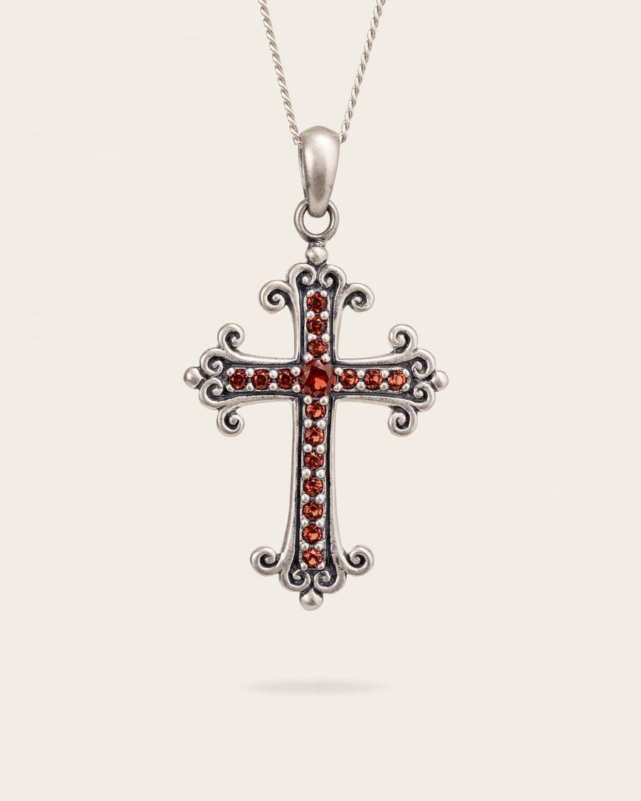 RUBY RED CROSS PENDANT IN SILVER