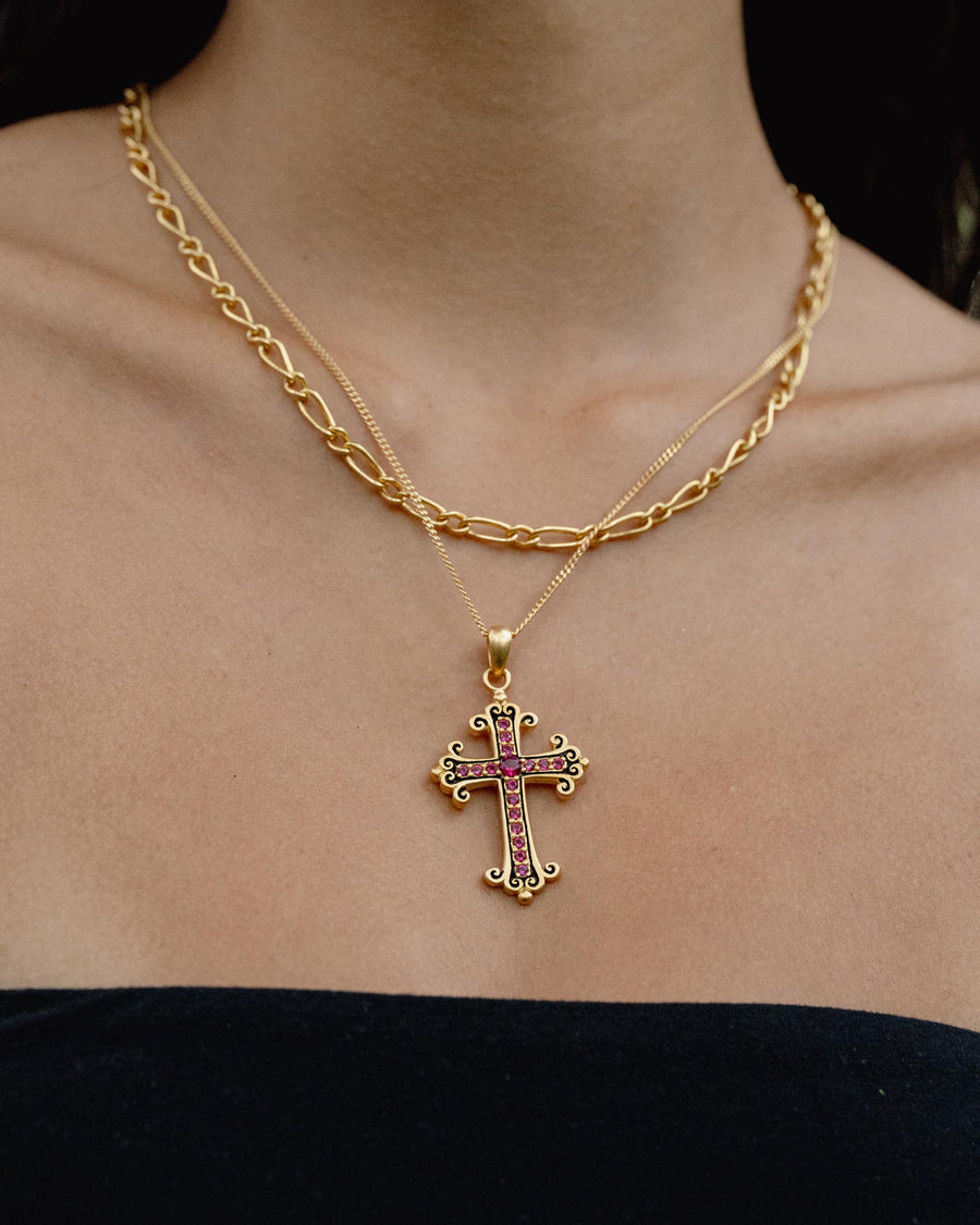 ROSE QUARTZ CROSS PENDANT IN GOLD