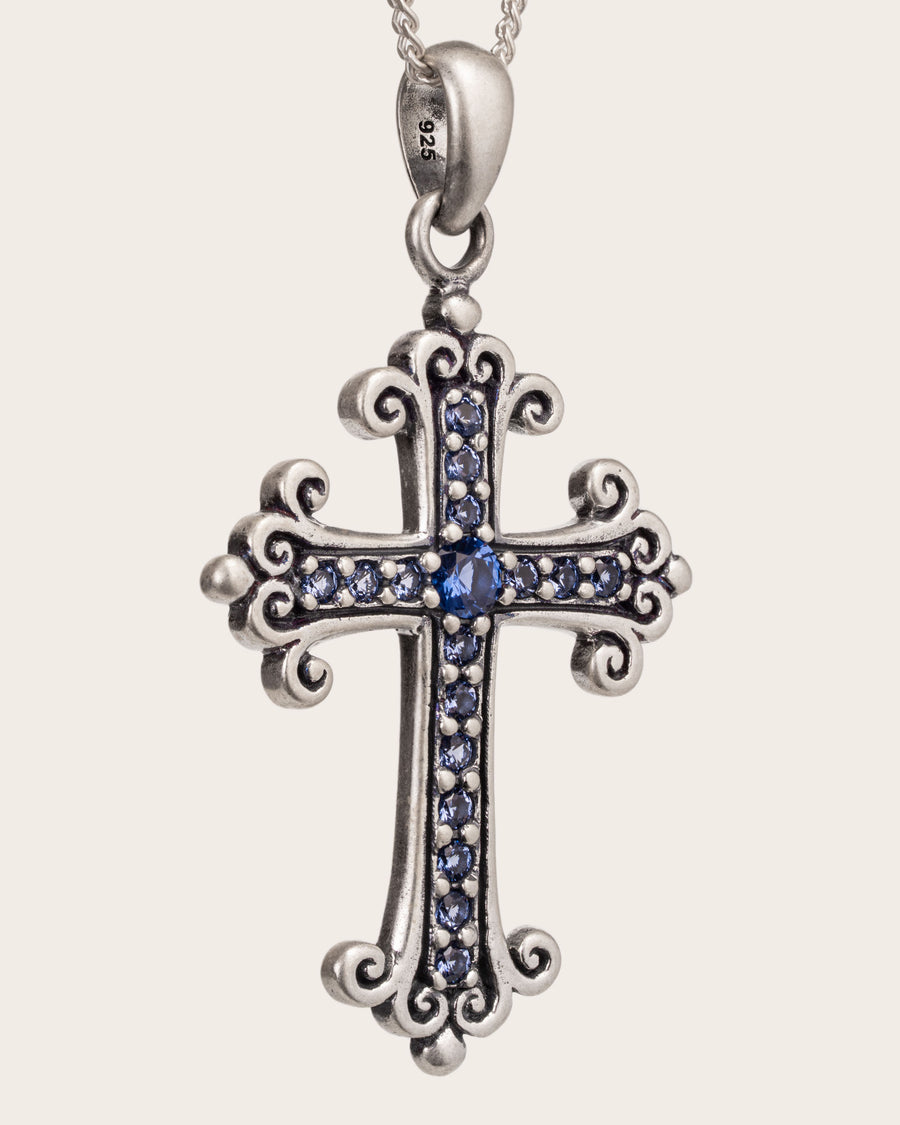 SAPPHIRE CROSS PENDANT IN SILVER