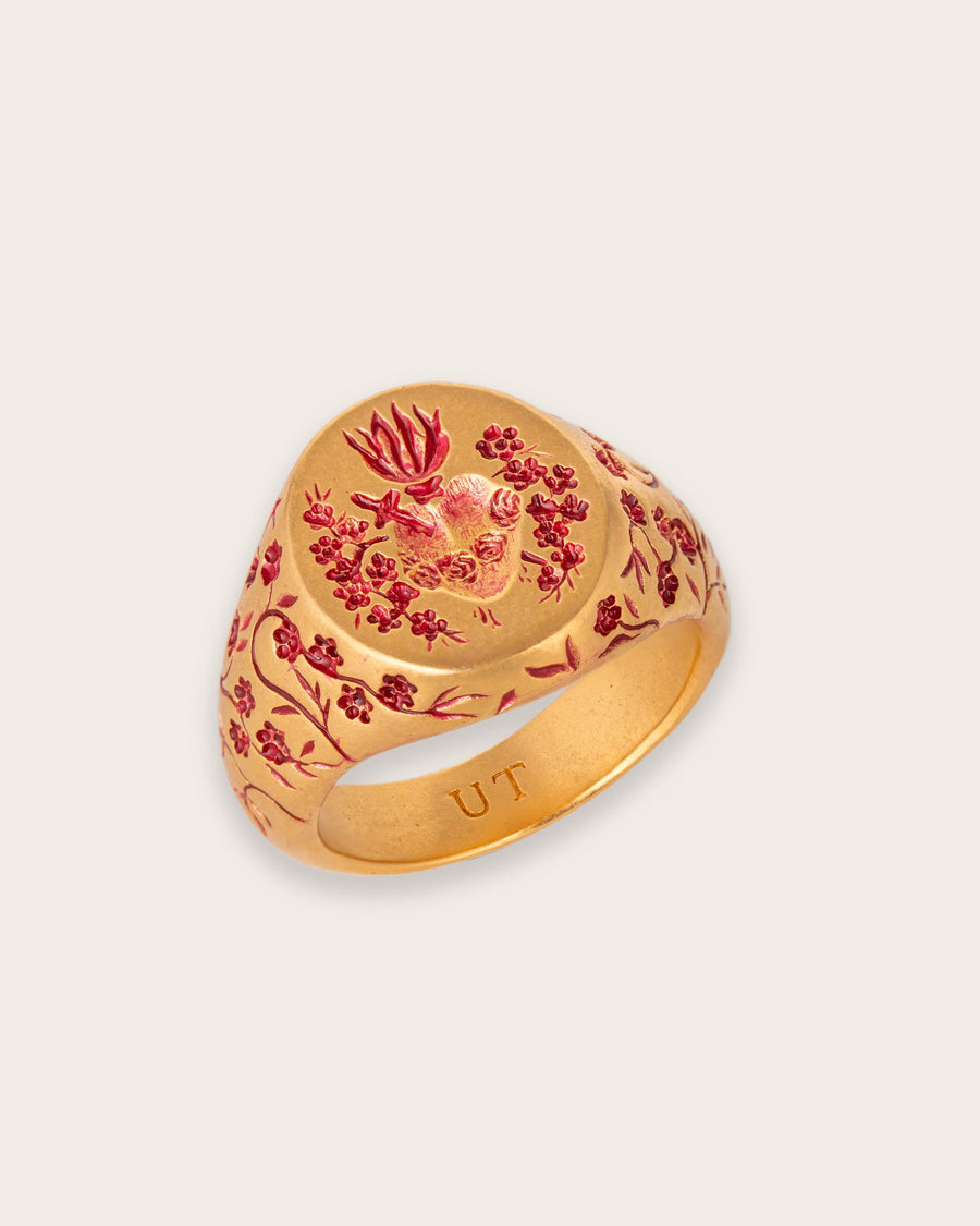 PINK HEART SIGNET RING IN GOLD