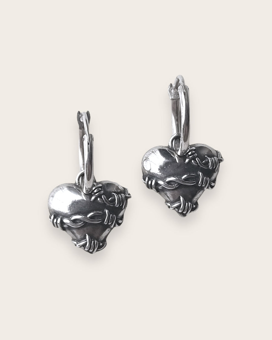 Barbwire Heart Earrings In Silver