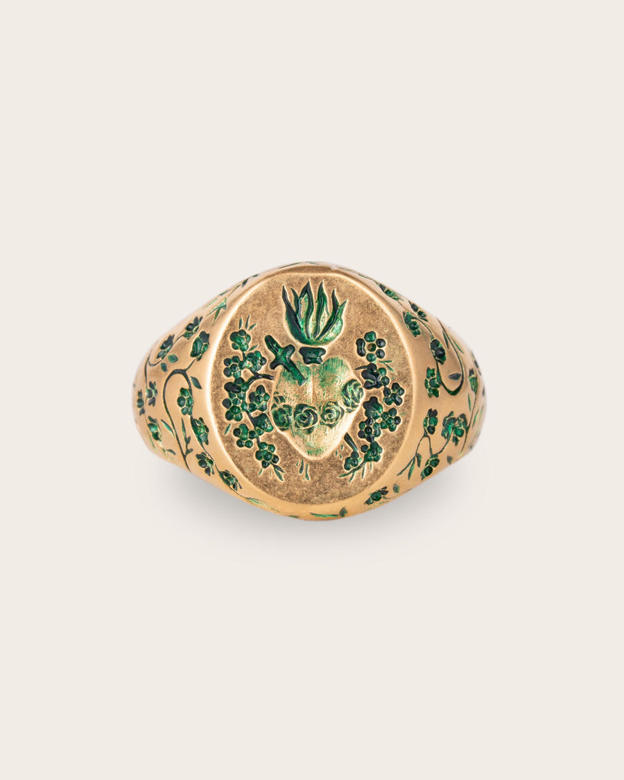 GREEN HEART SIGNET RING IN GOLD