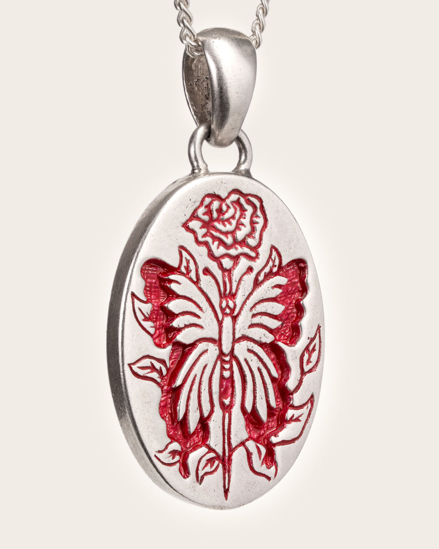 RED BUTTERFLY PENDANT IN SILVER