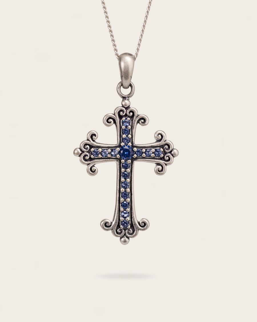 SAPPHIRE CROSS PENDANT IN SILVER