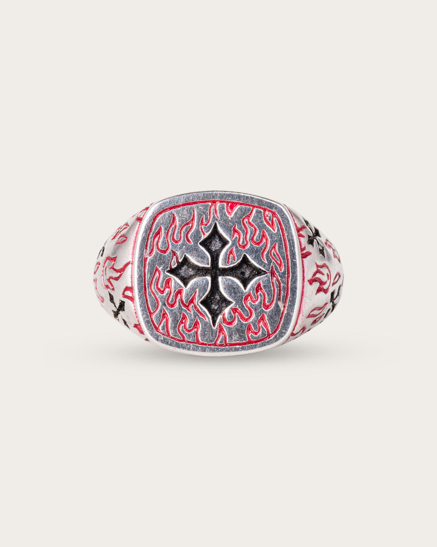 RED FIRE CROSS RING IN SILVER