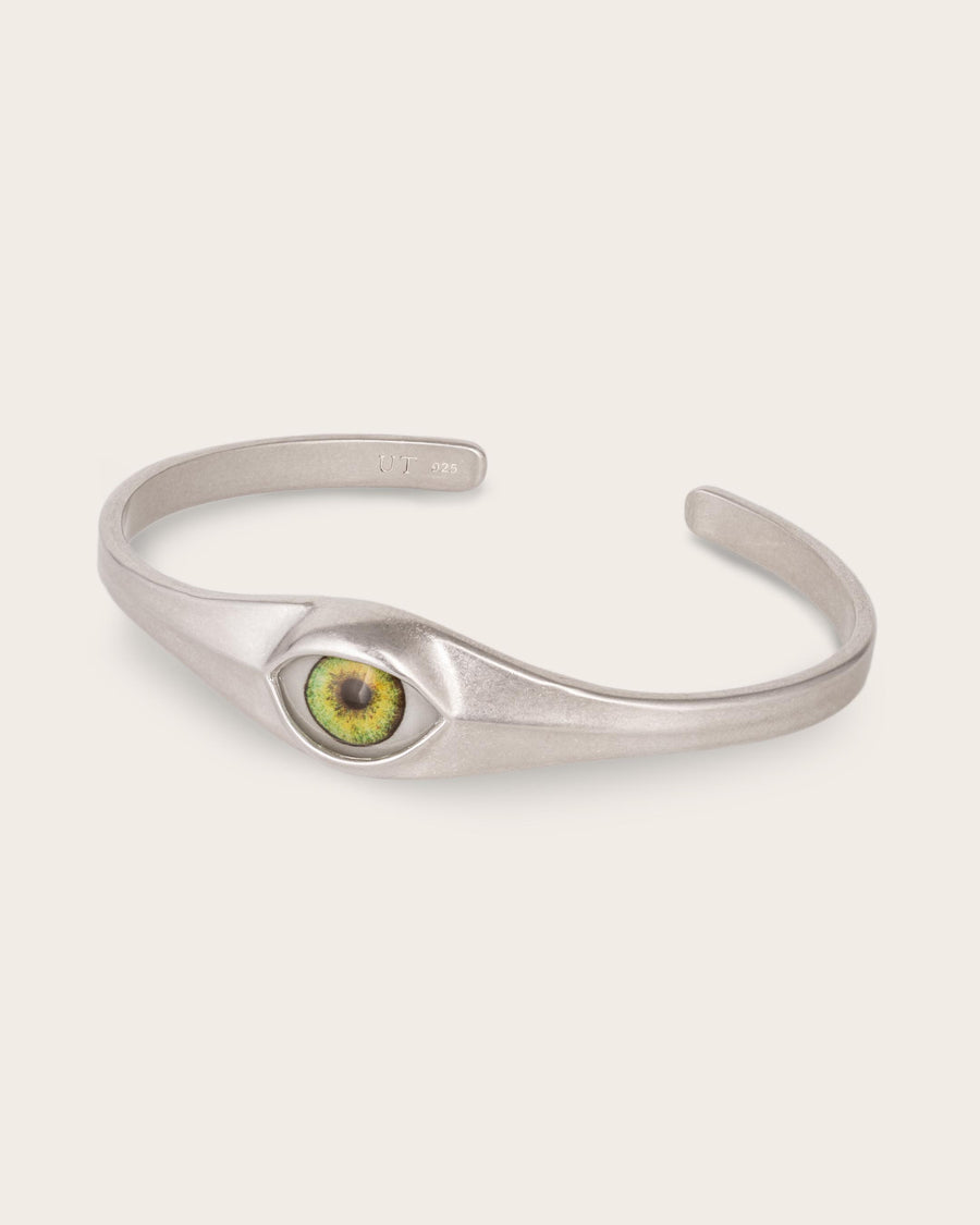 GREEN EYE CUFF IN SILVER