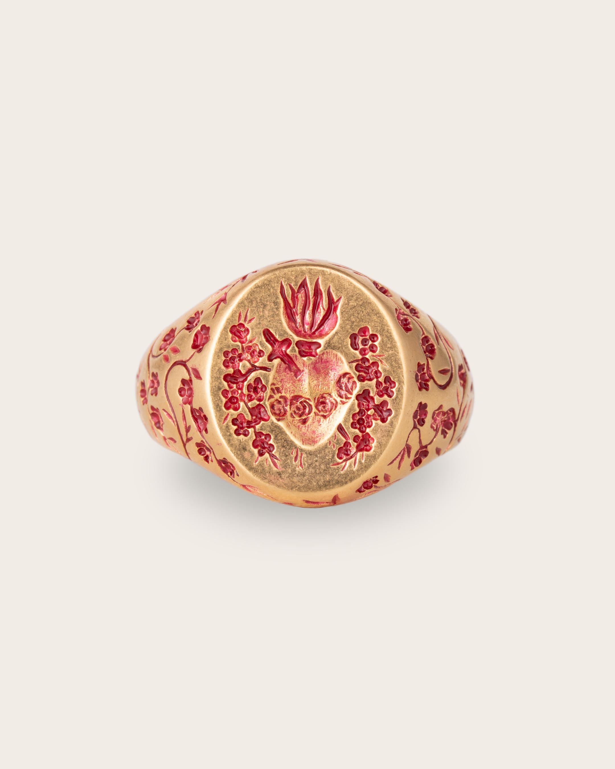 PINK HEART SIGNET RING IN GOLD