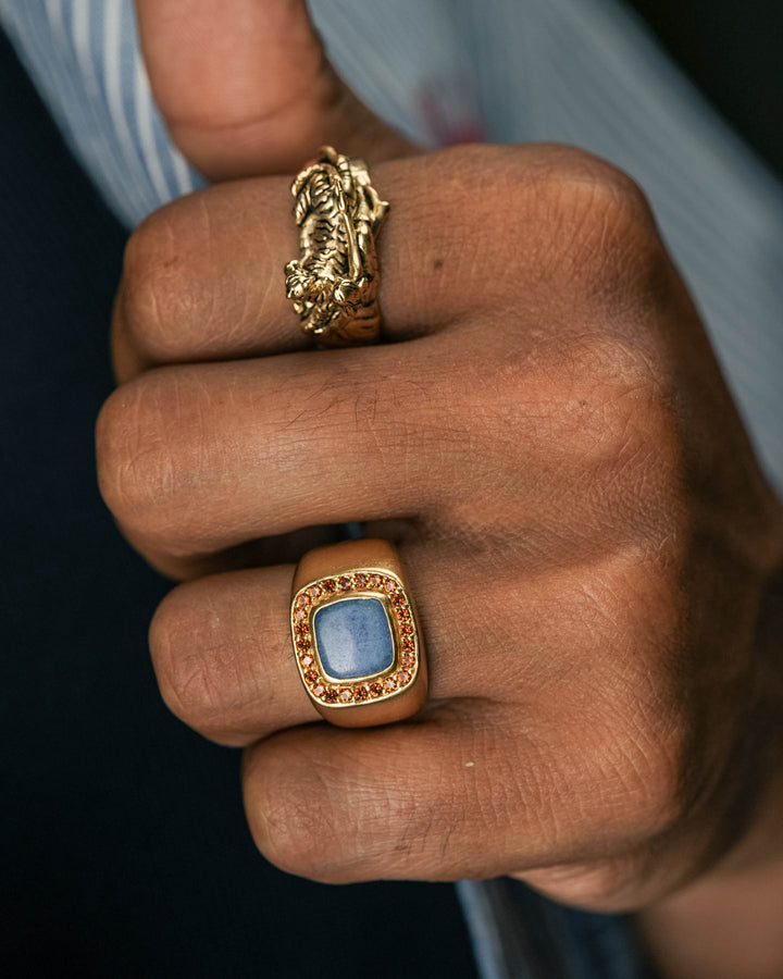 blue & red leopard gemstone ring in gold and tiger guardian ring in gold model photograph