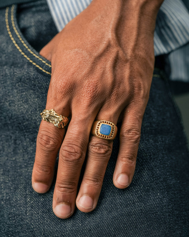 blue & red leopard gemstone ring in gold and tiger guardian ring in gold model photograph