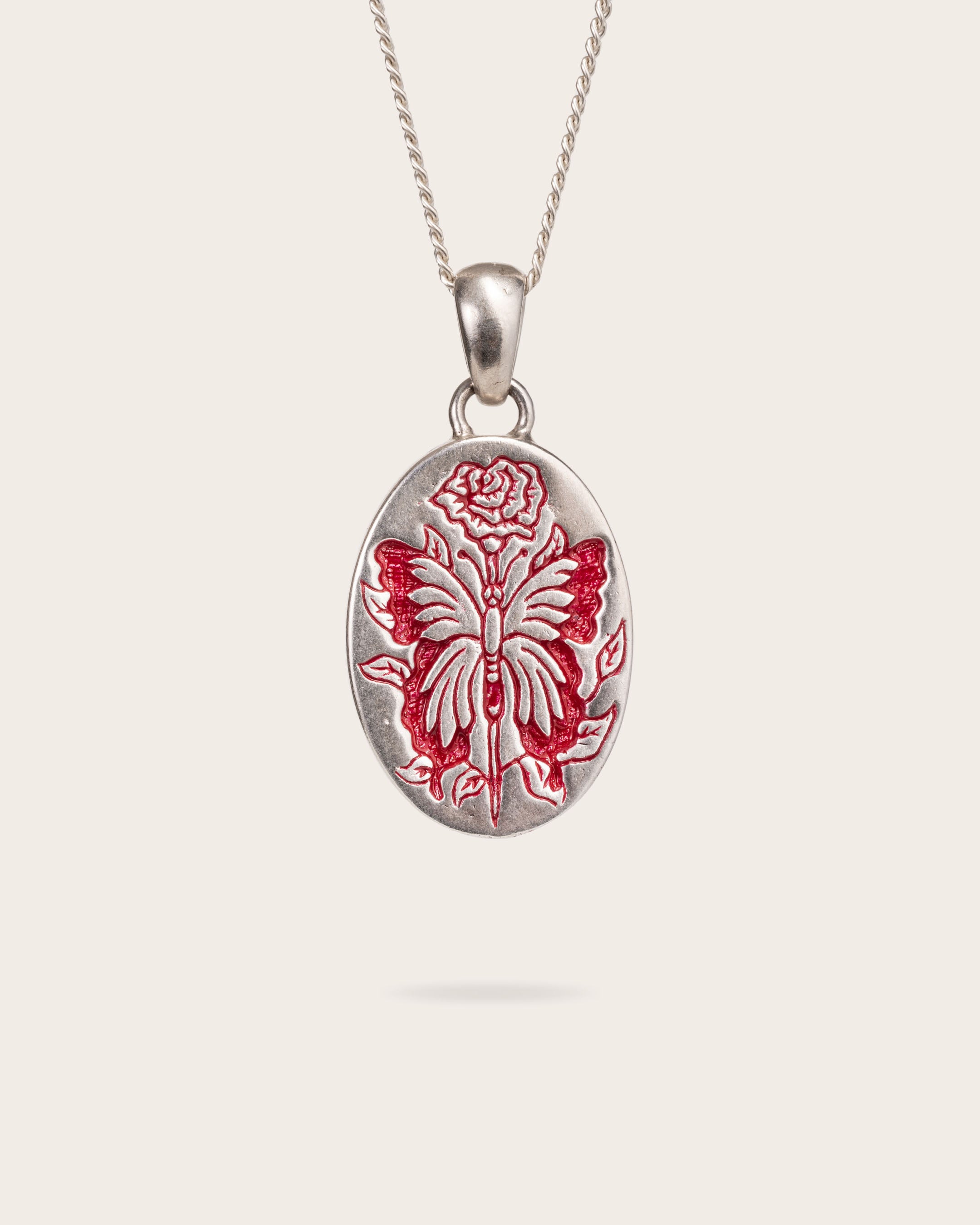 RED BUTTERFLY PENDANT IN SILVER
