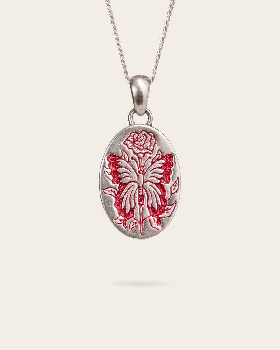 RED BUTTERFLY PENDANT IN SILVER