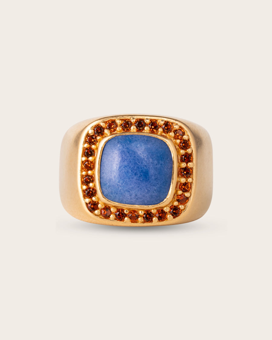 BLUE & RED LEOPARD GEMSTONE RING IN GOLD