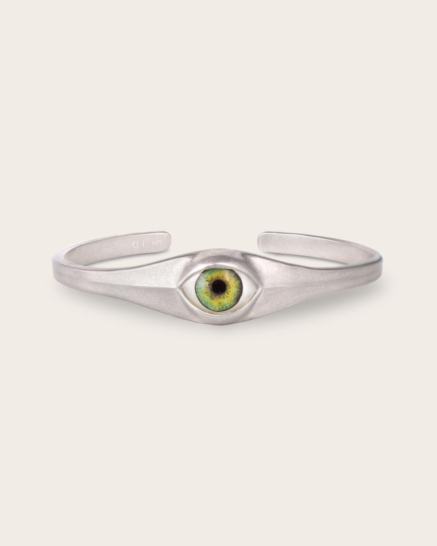 GREEN EYE CUFF IN SILVER