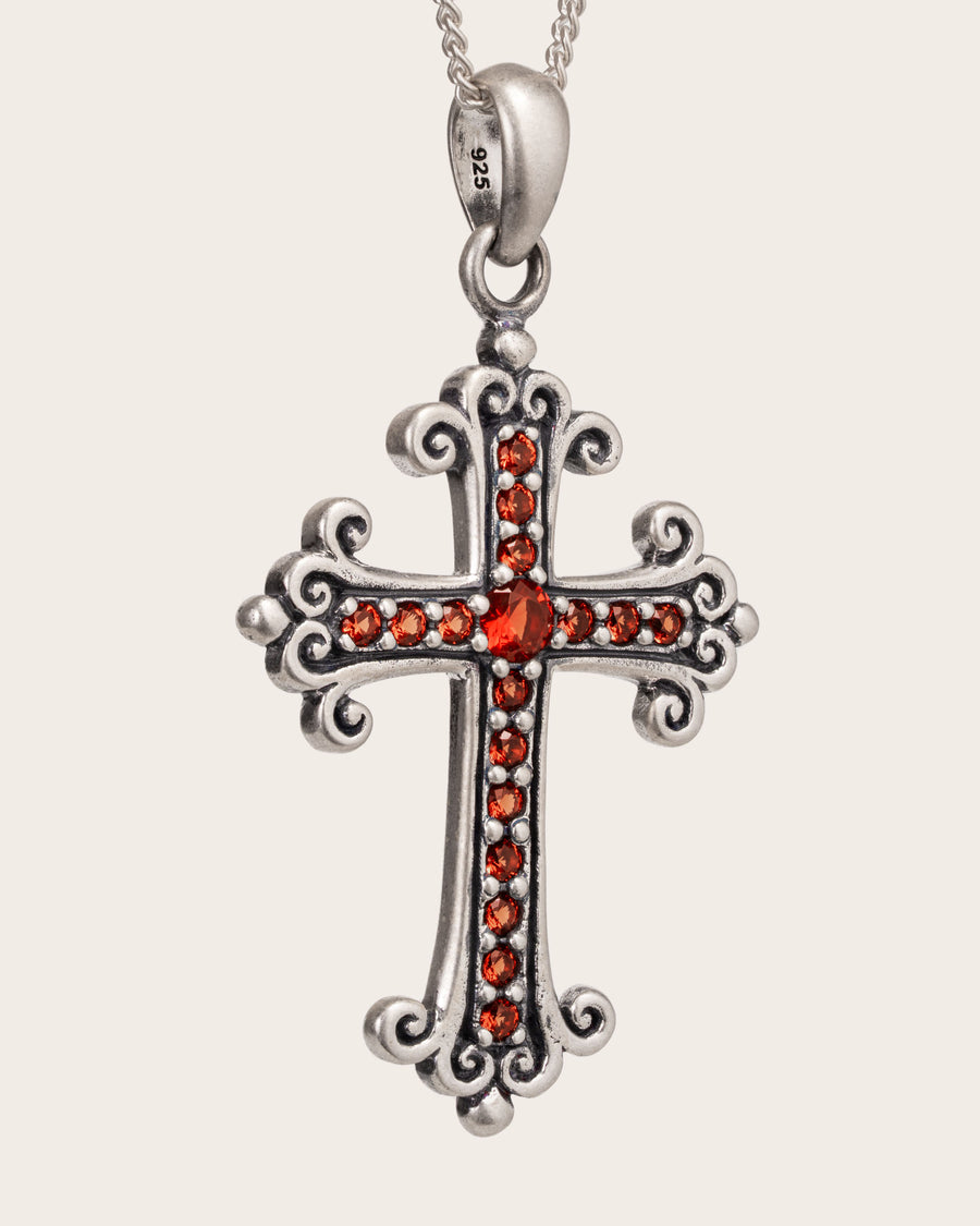 RUBY RED CROSS PENDANT IN SILVER