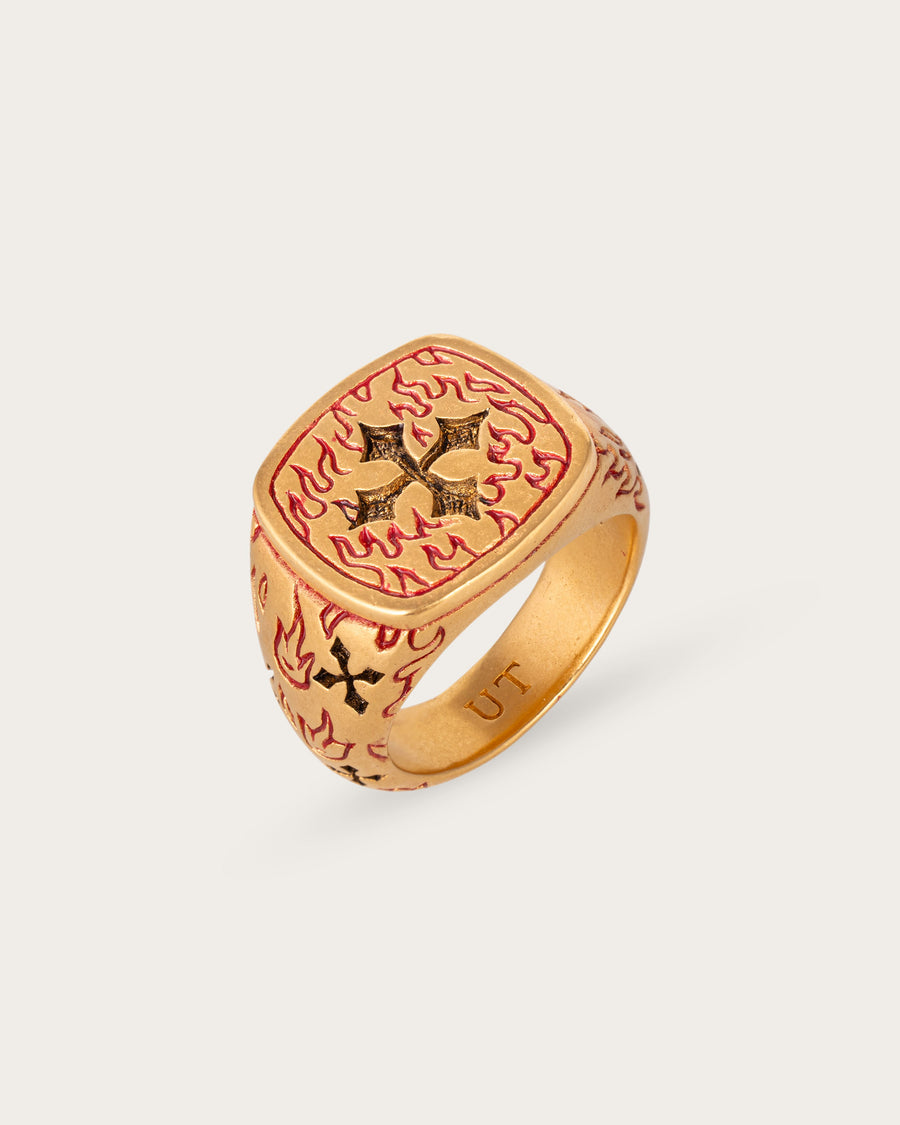 RED FIRE CROSS RING IN GOLD