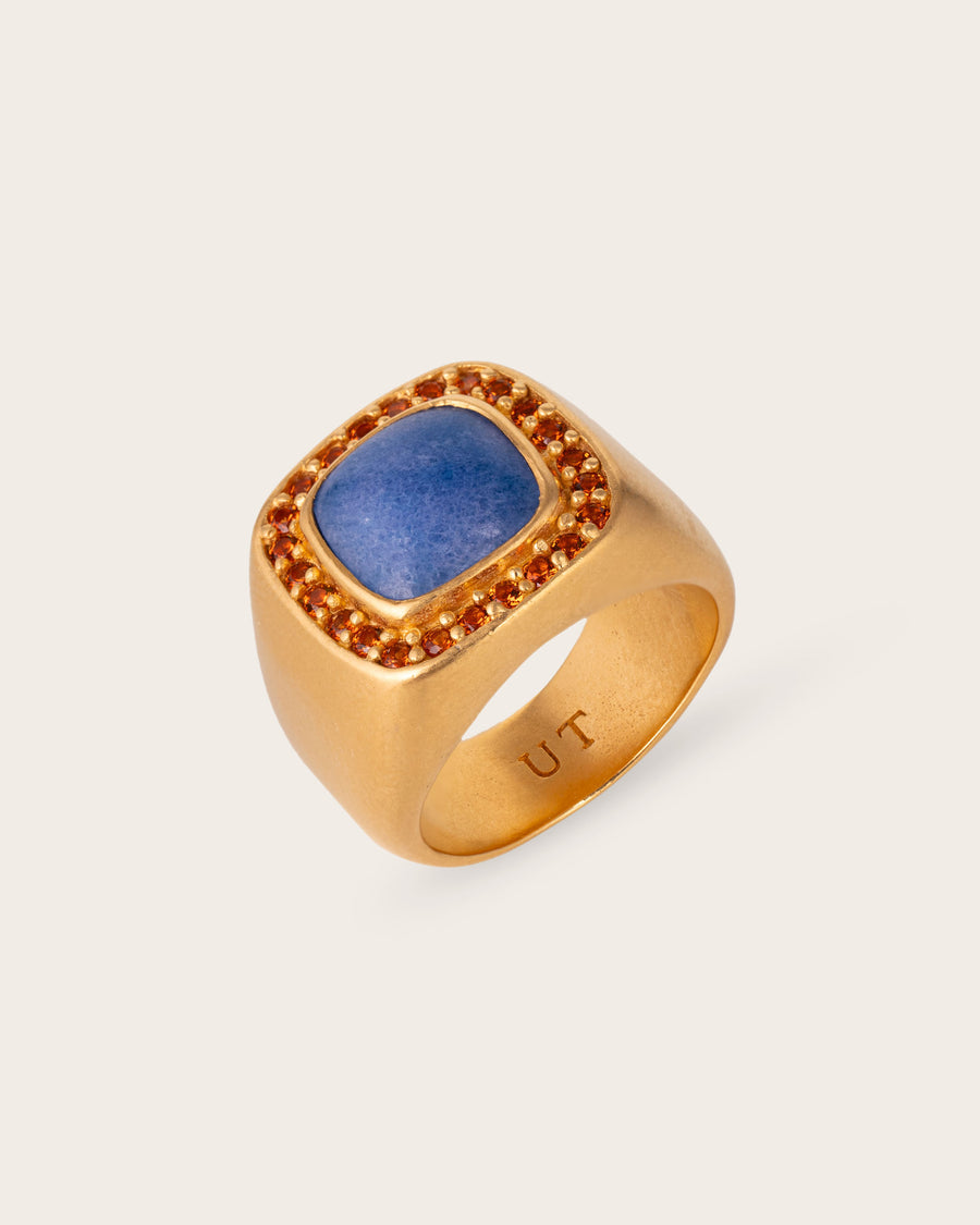 BLUE & RED LEOPARD GEMSTONE RING IN GOLD