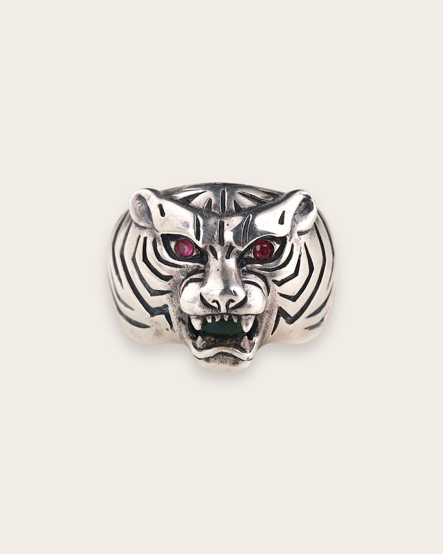 TIGER GEMSTONE AND RUBY RING IN SILVER