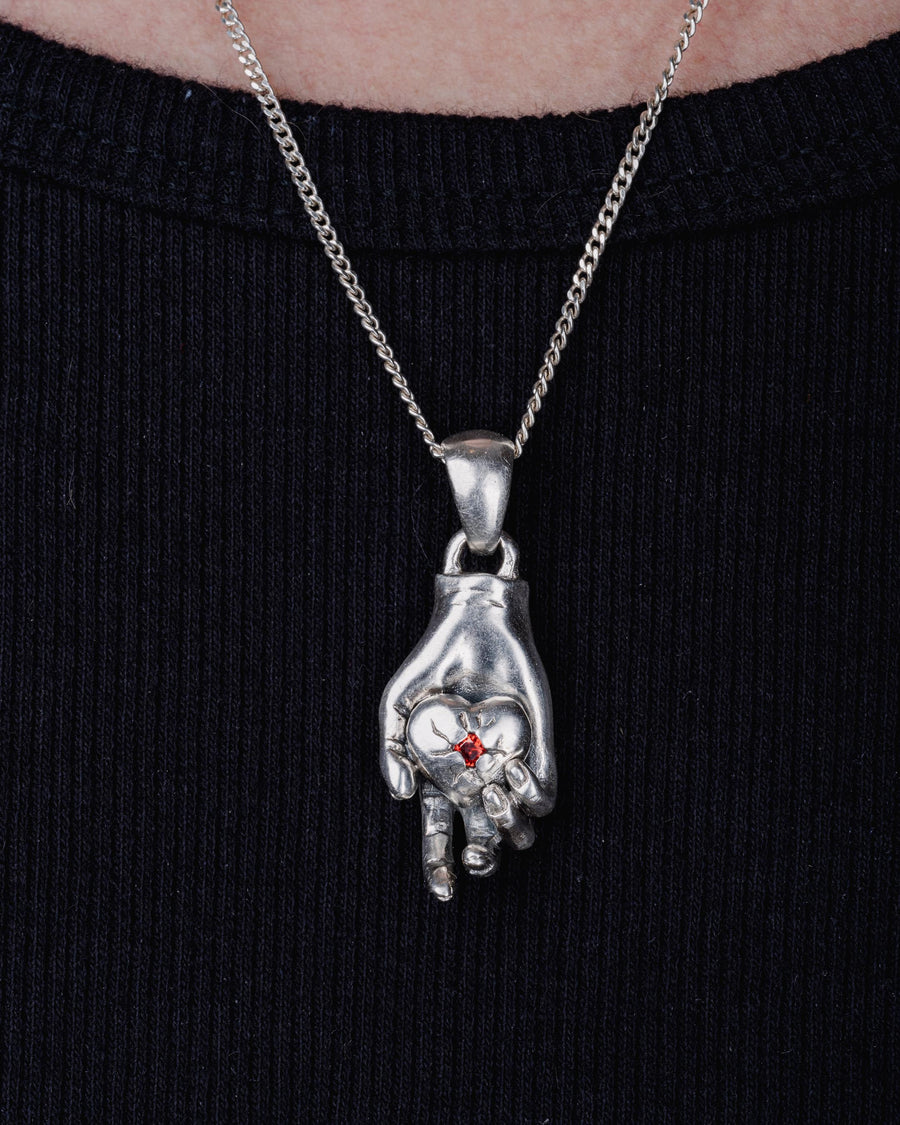 HAND HEART STONE PENDANT IN SILVER