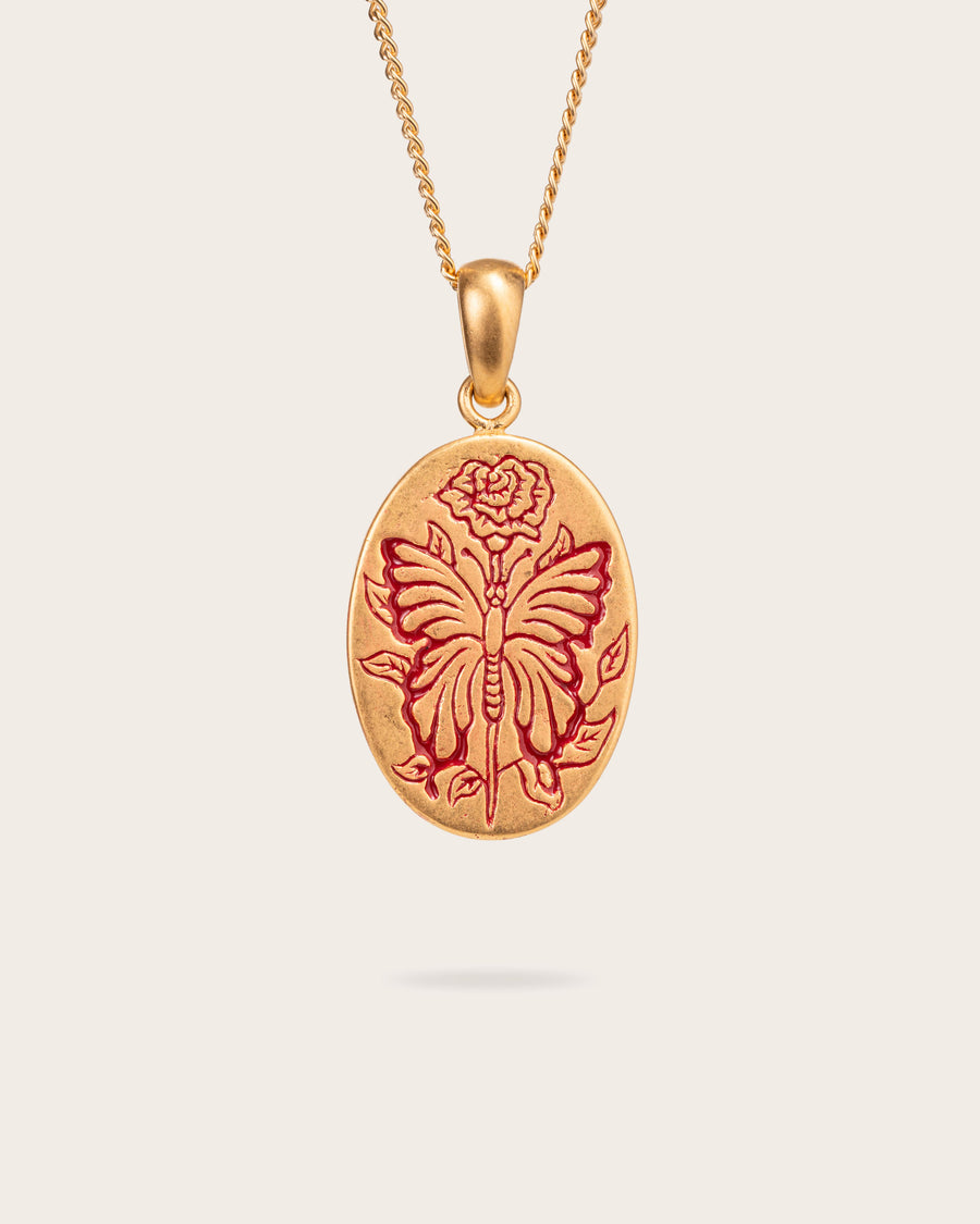 RED BUTTERFLY PENDANT IN GOLD