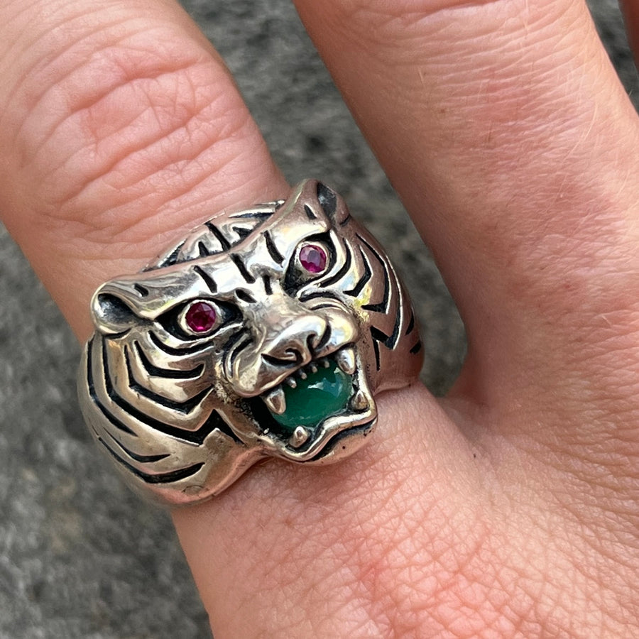 TIGER GEMSTONE AND RUBY RING IN SILVER