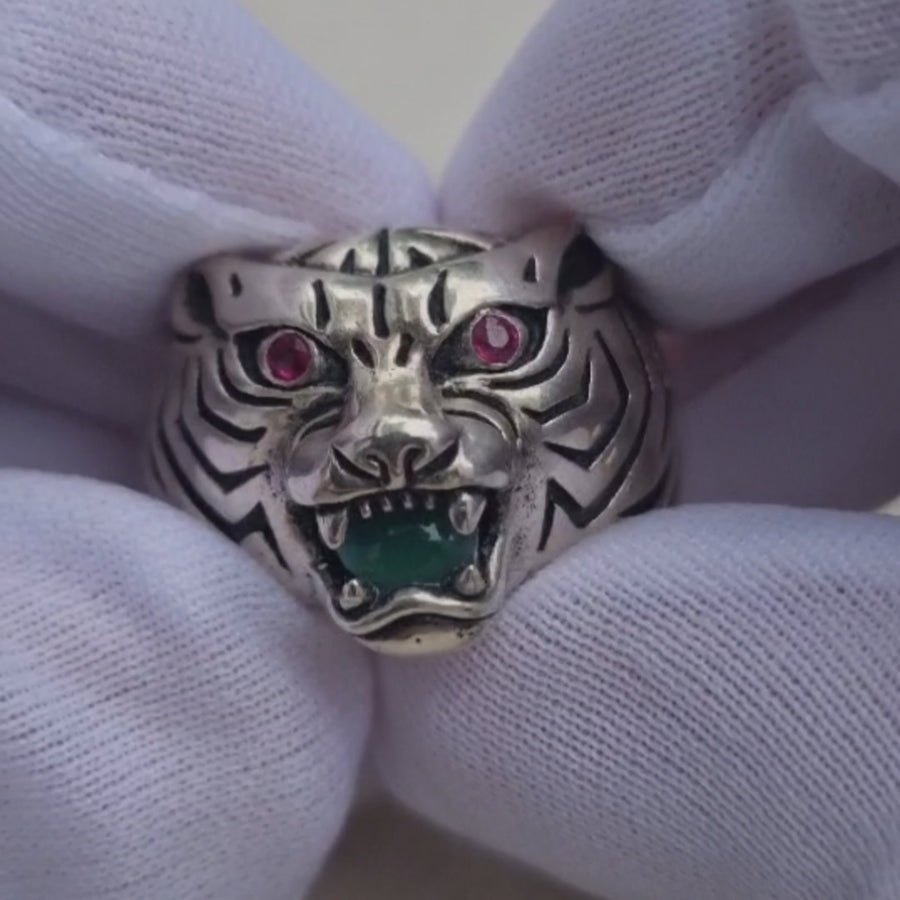 TIGER GEMSTONE AND RUBY RING IN SILVER