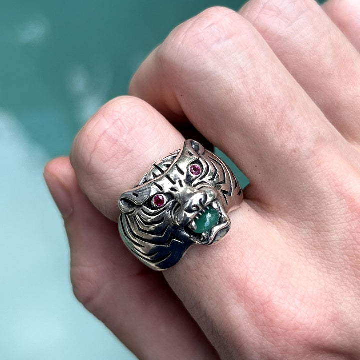 TIGER GEMSTONE AND RUBY RING IN SILVER